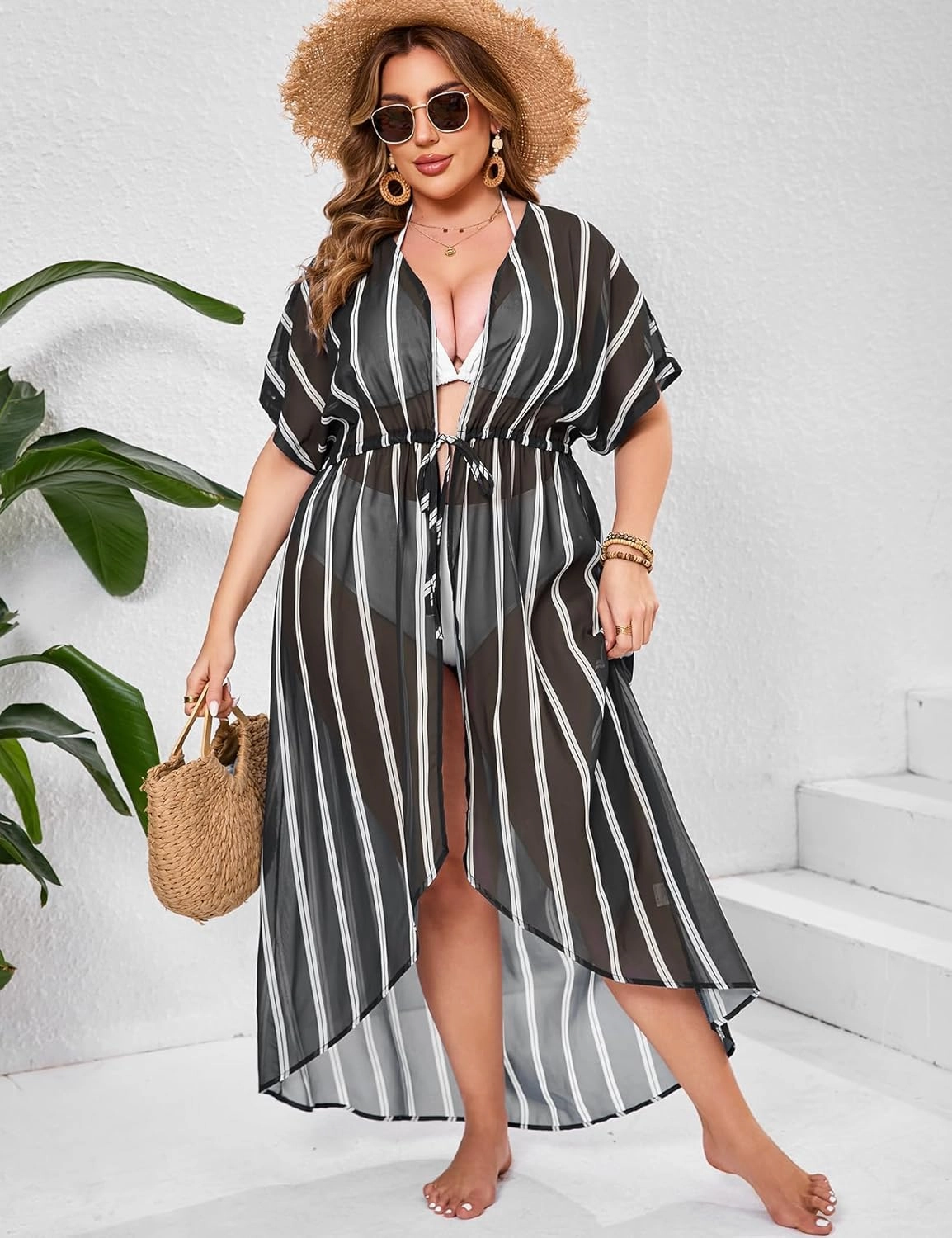 ZOMVA 2025 Plus Size 1X-5X Womens Swimsuit Maxi Cover Up Bathing Suit Bikini Long Coverups Tie Open Front Swimwear Beach Wear