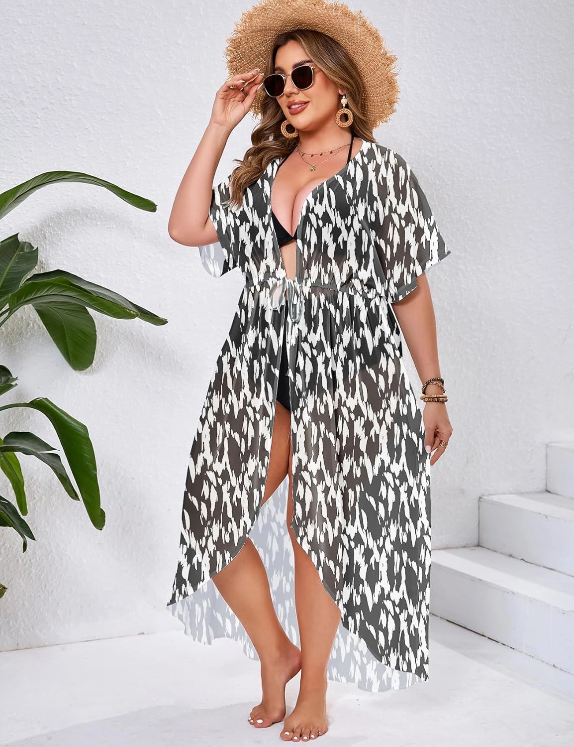 ZOMVA 2025 Plus Size 1X-5X Womens Swimsuit Maxi Cover Up Bathing Suit Bikini Long Coverups Tie Open Front Swimwear Beach Wear