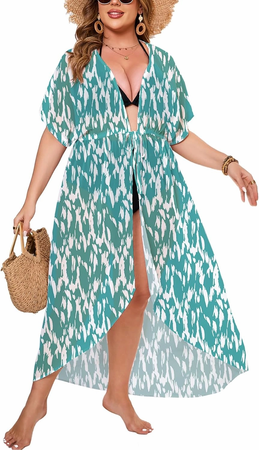 ZOMVA 2025 Plus Size 1X-5X Womens Swimsuit Maxi Cover Up Bathing Suit Bikini Long Coverups Tie Open Front Swimwear Beach Wear