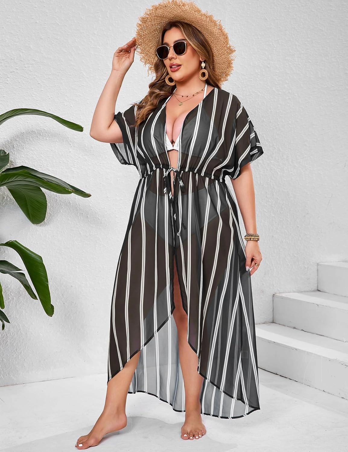 ZOMVA 2025 Plus Size 1X-5X Womens Swimsuit Maxi Cover Up Bathing Suit Bikini Long Coverups Tie Open Front Swimwear Beach Wear
