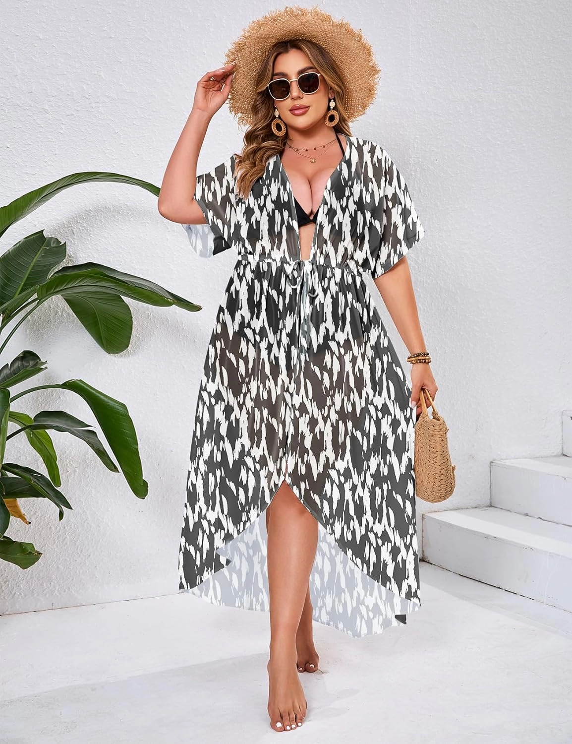 ZOMVA 2025 Plus Size 1X-5X Womens Swimsuit Maxi Cover Up Bathing Suit Bikini Long Coverups Tie Open Front Swimwear Beach Wear