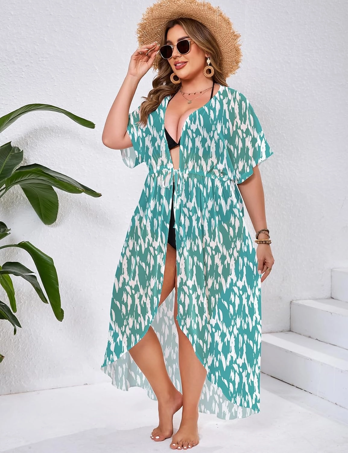 ZOMVA 2025 Plus Size 1X-5X Womens Swimsuit Maxi Cover Up Bathing Suit Bikini Long Coverups Tie Open Front Swimwear Beach Wear